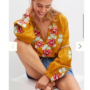 Anthropologie NWT $178 Embroidered Tassels Mustard Boho Blouse size 12